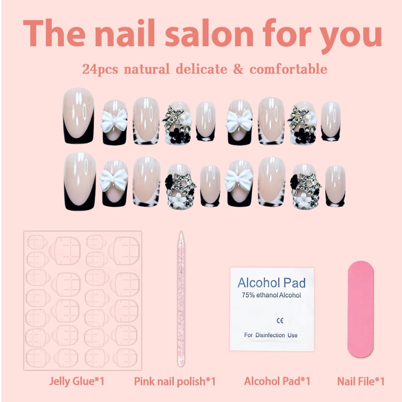 Quezadyl 24Pcs French Tip Press on Nails Short Square Fake Nails 3D Star Charms Rhinestones French with Cute White Bow Glitter Design Polka Dot Gradient Acrylic False Nails Glue on Nails for Women Cute Nail - Image 3
